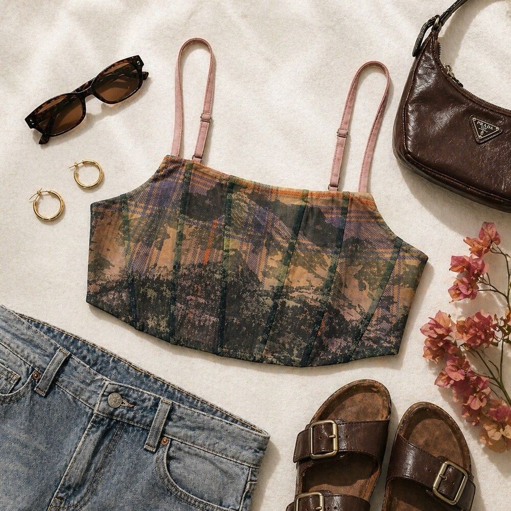 Corset Crop Top Abstract Print Smocked Back Cami Indie Y2K Grunge Festival M